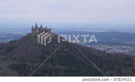 Hohenzollern Castle, a castle in the sky. Early in the morning, the whole picture from the observatory 87834521