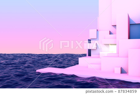 Calm pink vaporwave landscape with abstract architecture in the sea. Aesthetic scenery background with 90s mood. 3D illustration 87834859
