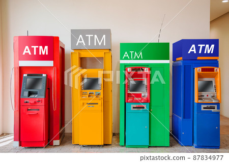 ATM machine banking cash money withdraw service at public place multiple bank. ATM machine banking cash money withdraw service at public place multiple bank. 87834977