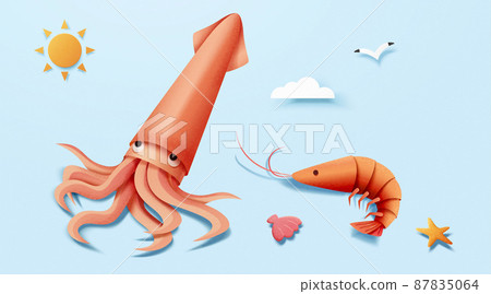 Squid and shrimp at beach elements 87835064