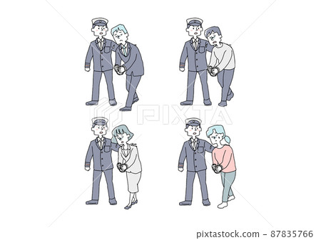 A set of people being taken to the police, a comical handwritten person, a vector, and simple coloring of line drawings. A set of people being taken to the police, a comical handwritten person, a vector, and simple coloring of line drawings. 87835766