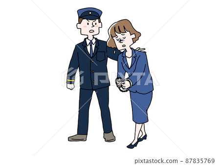 一個被帶到警察局的女人,一個滑稽的手寫人物,一個矢量,以及一個簡單的線條圖著色。 一個被帶到警察局的女人,一個滑稽的手寫人物,一個矢量,以及一個簡單的線條圖著色。 87835769