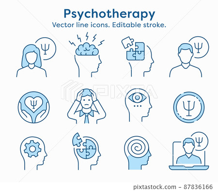 Psychology icon set. Collection of conflict, brain, emotion, profile and more. Vector illustration. Editable Stroke. 87836166