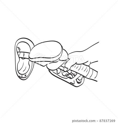 line art hand holding a fuel nozzle illustration vector hand drawn isolated on white background 87837169