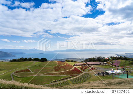 Takashima City, Shiga Prefecture Autumn Biwako Red Kokia spreading on the summit of Mt. Hakodate and Chikubu Island floating on Lake Biwa Takashima City, Shiga Prefecture Autumn Biwako Red Kokia spreading on the summit of Mt. Hakodate and Chikubu Island floating on Lake Biwa 87837401