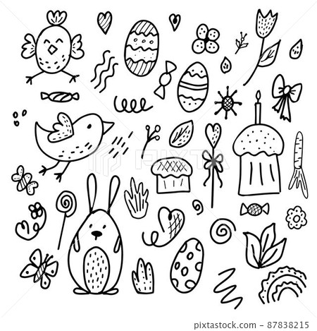 Easter doodle illustration with isolated elements. Time to celebrate Easter. For wallpaper, paper or textile design. Easter doodle illustration with isolated elements. Time to celebrate Easter. For wallpaper, paper or textile design. 87838215