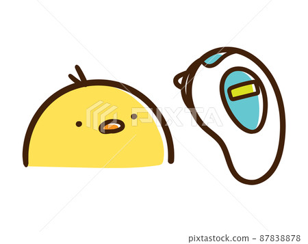 Cute handwritten illustration of a baby chick measuring body temperature with a thermometer 87838878