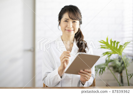 Image of a middle-aged female doctor in a white coat holding a tablet 87839362