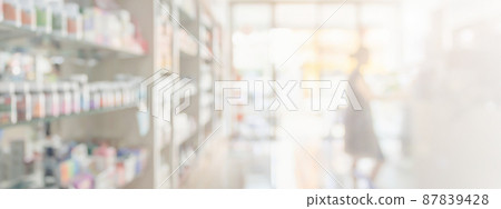 Pharmacy drugstore shelves interior blur medical background 87839428