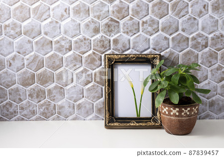 Beige tile walls, photo frames and foliage plants Beige tile walls, photo frames and foliage plants 87839457