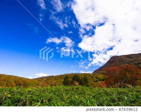 仰望秋天的山巒和藍天（山形縣藏王山脈片田沼周邊） 87839612