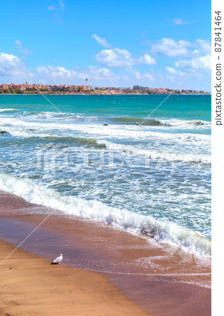 Sandy beach on spit, Pomorie and Aheloy, Bulgaria 87841464
