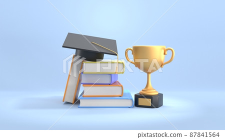 Golden cup with stack books and square academic cap. Graduation from high school, college or university with honors or gold medal. Study award, achievement in education. Realistic 3d illustration 87841564