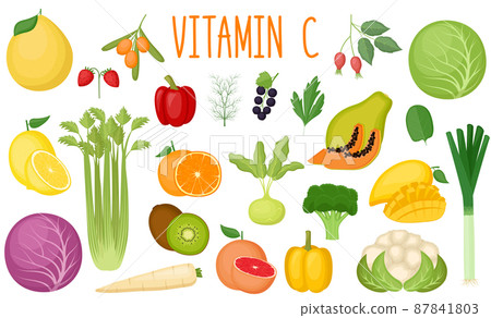 Set of vitamin C sources. Healthy food. Collection of vegetables and fruits enriched vitamin C. Vector illustration 87841803