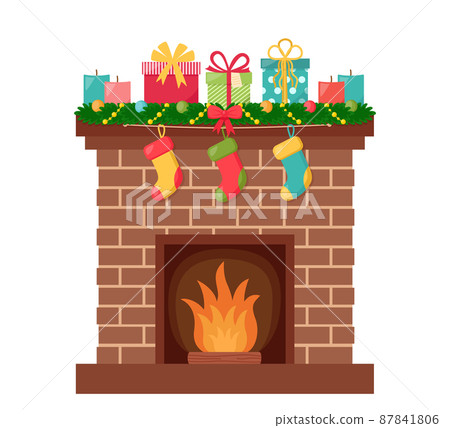Fireplace with christmas decoration. Merry Christmas and Happy New Year. Vector illustration Fireplace with christmas decoration. Merry Christmas and Happy New Year. Vector illustration 87841806