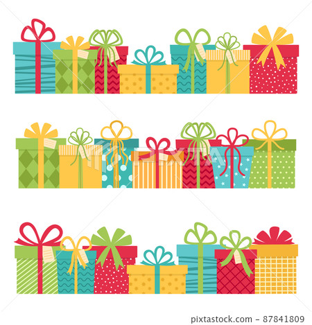 Set of rows of colorful gift boxes. Gifts for holidays. Vector illustration Set of rows of colorful gift boxes. Gifts for holidays. Vector illustration 87841809