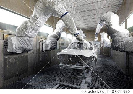 Car bodies are on assembly line. Modern automotive industry. A car being checked before being 87841950