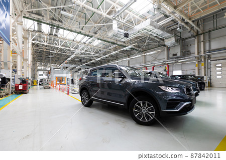 Modern car assembly plant. Auto industry. Interior of a high-tech factory, modern production of Modern car assembly plant. Auto industry. Interior of a high-tech factory, modern production of 87842011