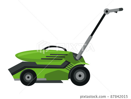 Lawn mower machine in green color. Trimming, pruning and cutting grass electric or petrol mower work tool for garden. Flat cartoon icon isolated on white background Lawn mower machine in green color. Trimming, pruning and cutting grass electric or petrol mower work tool for garden. Flat cartoon icon isolated on white background 87842015