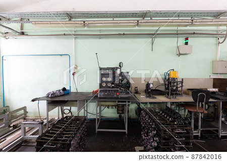 Assembly production. Engine factory. Plant concept and interior. Industrial scenery background 87842016