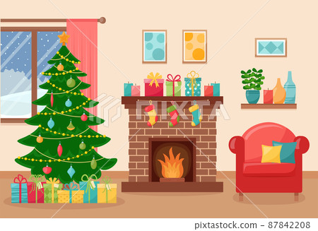 Cozy living interior with Christmas tree, fireplace and armchair. New Year decorated living room. Vector illustration Cozy living interior with Christmas tree, fireplace and armchair. New Year decorated living room. Vector illustration 87842208