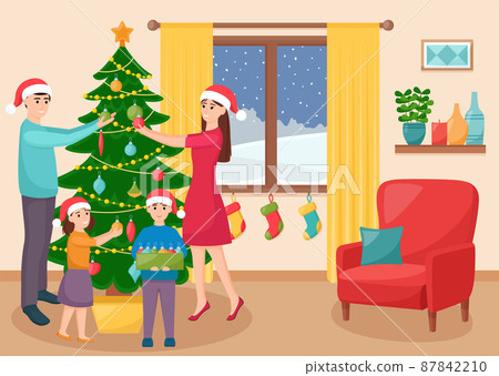 Happy family decorates Christmas tree in living room. Mother, father, daughter and son decorating Christmas tree, vector illustration Happy family decorates Christmas tree in living room. Mother, father, daughter and son decorating Christmas tree, vector illustration 87842210