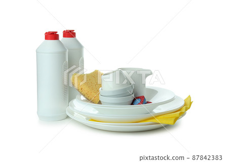 Concept of Dishwashing detergent accessories isolated on white background 87842383