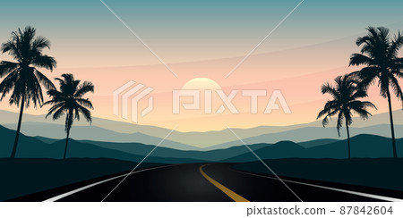 summer paradise road trip at sunset on tropical palm landscape 87842604