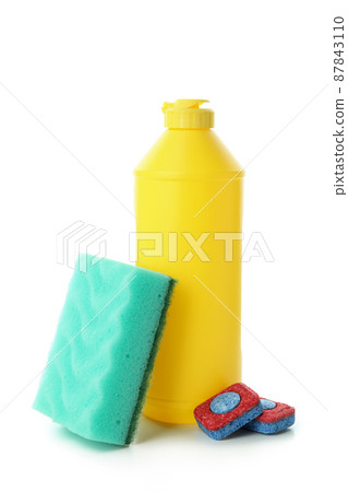 Concept of Dishwashing detergent accessories isolated on white background 87843110
