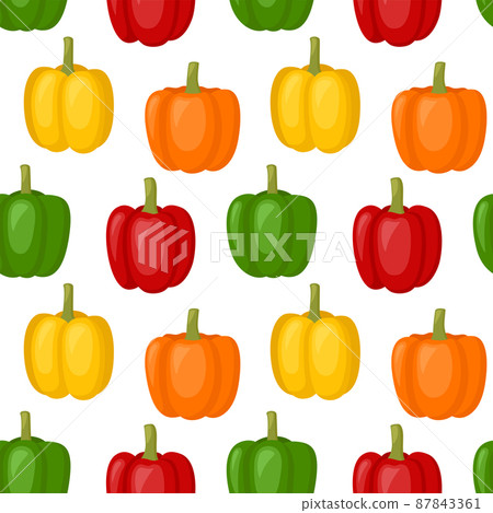 Seamless pattern with bell peppers. Sweet red, yellow, orange and green pepper. Vector illustration 87843361
