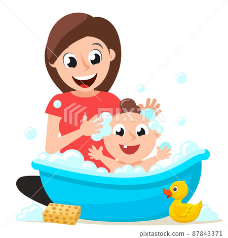 Mom bathes a newborn baby in a bath on a white background. 87843371