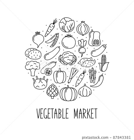 Round banner with vegetables icons in linear style. Design for market and store, vector illustration Round banner with vegetables icons in linear style. Design for market and store, vector illustration 87843381