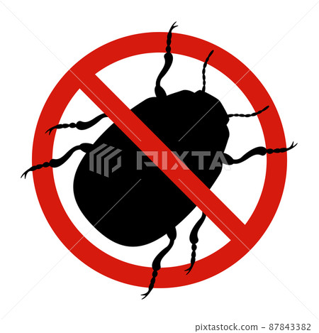 Anti colorado beetle, pest control. Stop insects sign. Silhouette of colorado potato beetle in red forbidding circle, vector illsutration Anti colorado beetle, pest control. Stop insects sign. Silhouette of colorado potato beetle in red forbidding circle, vector illsutration 87843382