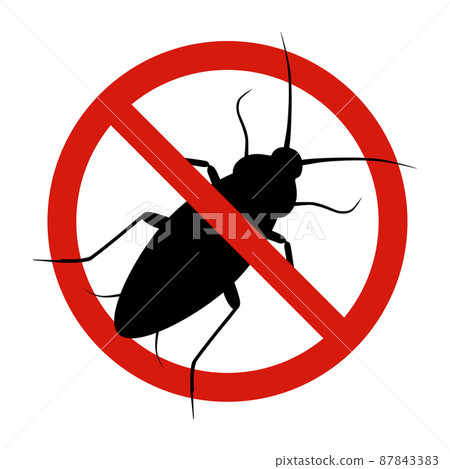 Anti cockroach, pest control. Stop insects sign. Silhouette of cockroach in red forbidding circle, vector illsutration Anti cockroach, pest control. Stop insects sign. Silhouette of cockroach in red forbidding circle, vector illsutration 87843383