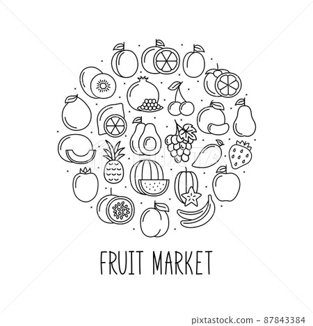 Round banner with fruits icons in linear style. Design for market and store, vector illustration 87843384