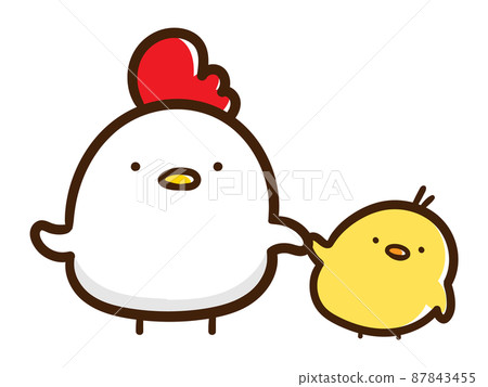 Cute handwritten illustrations of chickens and chicks walking hand in hand 87843455