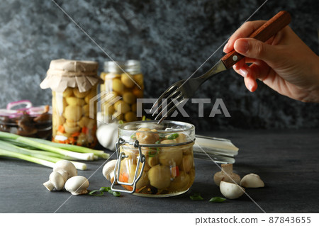 Concept of tasty eating with marinated mushrooms, close up 87843655