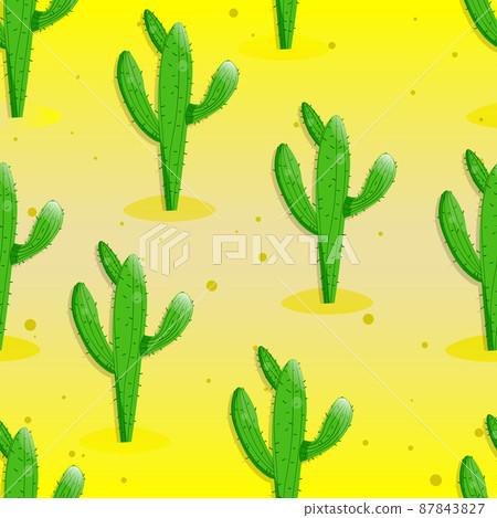 Seamless pattern with cactus with thorns, succulent on color background. Vector drawing illustration for icon, game, packaging, fabric, textile. Wild west, western, cowboy concept 87843827