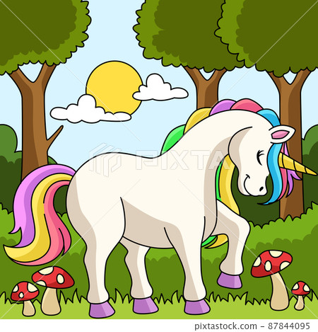 Unicorn In A Forest Colored Cartoon  87844095