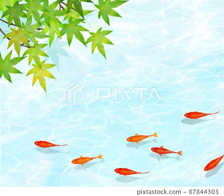 Vector summer frame material with beautiful design of water ripples where red medaka swim gracefully in the cool water under the autumn leaves 87844303