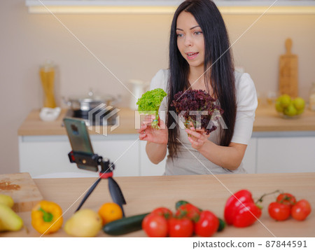 young woman is blogging for her kitchen young woman is blogging for her kitchen 87844591