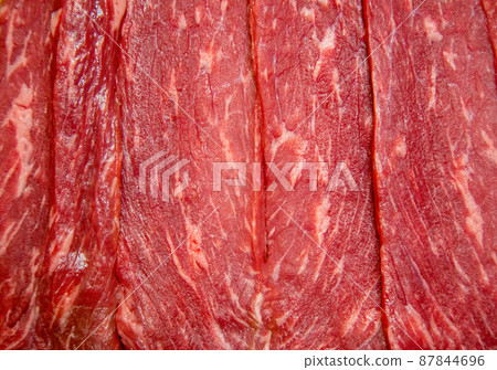 Fresh meat background. Raw uncooked red beef meat texture. Closeup pattern 87844696