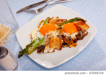 Breakfast of fried eggs with mushrooms, asparagus and bacon Breakfast of fried eggs with mushrooms, asparagus and bacon 87846339