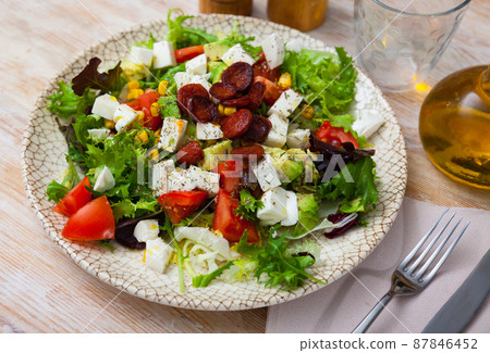 Catalonian salad with sausages, avocado and cheese Catalonian salad with sausages, avocado and cheese 87846452