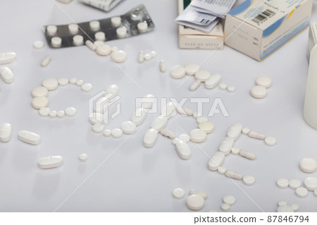 Word CURE made of medicine pills 87846794