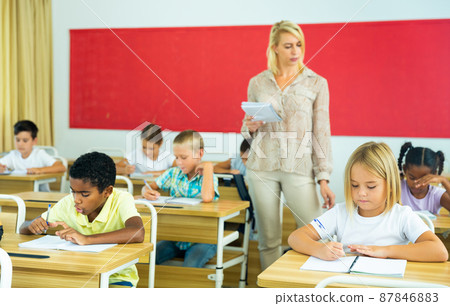 Teacher and pupils working in classroom at elementary school Teacher and pupils working in classroom at elementary school 87846883