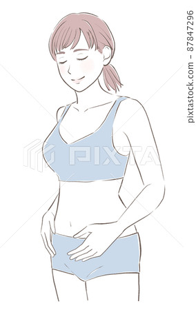 一個苗條的女人，把手放在肚子上，閉上眼睛微笑 87847296