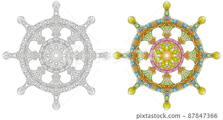 Dharma Wheel or dharmachakra, theach and walk to the path of Nirvana. Color and outline set 87847366
