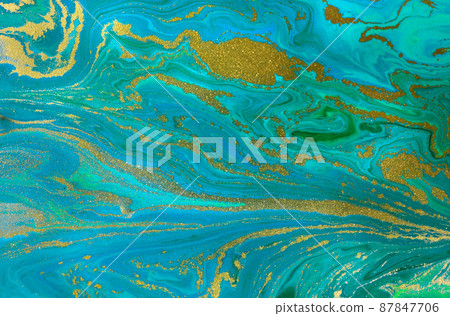 Gold waves on flow blue paints background. Abstract print 87847706