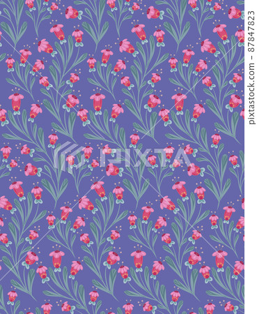 Seamless pattern with small red flowers on curled stems with folk arts on lilac background. Vector texture with floral arrangement Seamless pattern with small red flowers on curled stems with folk arts on lilac background. Vector texture with floral arrangement 87847823